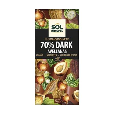 Chocolate negro 70% con avellana sin gluten BIO 70g SOLNATURAL