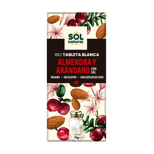 Chocolate blanco con almendra y arándano sin gluten BIO 70g SOLNATURAL