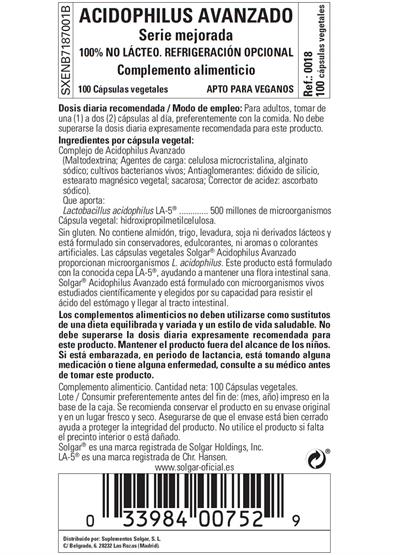 Acidophilus avanzado no lácteo 100caps SOLGAR